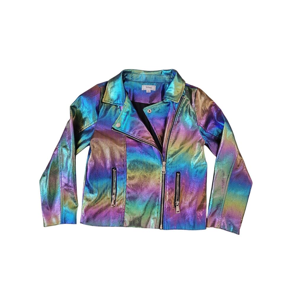 Disney D-Signed Girls Medium Iridescent Moto Jacket Rainbow Metallic